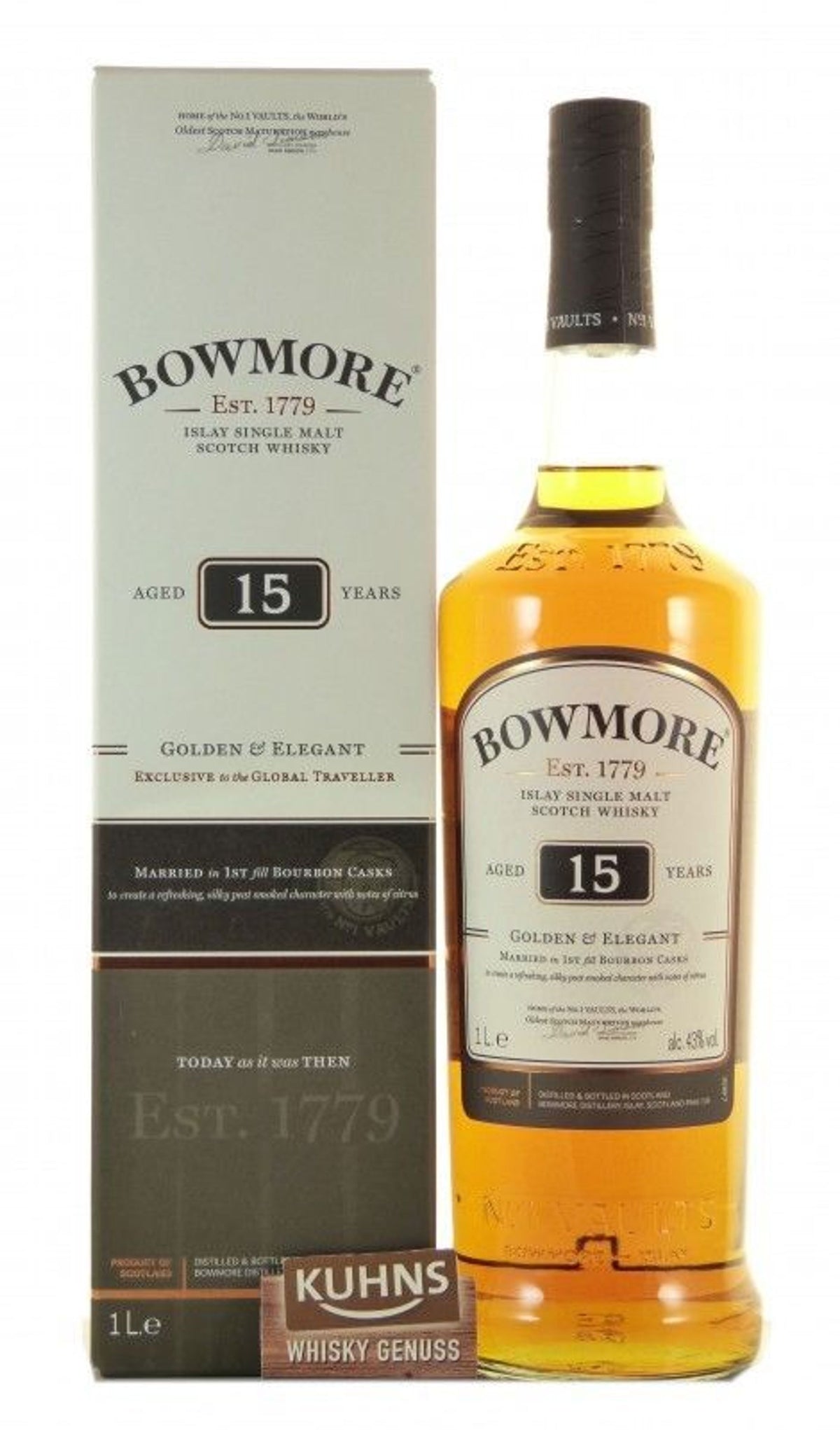 Bowmore 15 años dorado y elegante 1,0 l, 43 % de alcohol por volumen